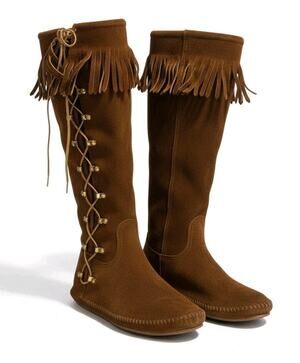 Minnetonka Moccasins Boots 70s/80s Tall Suede Fringe Side Corset Lace-Up| 8 Boho